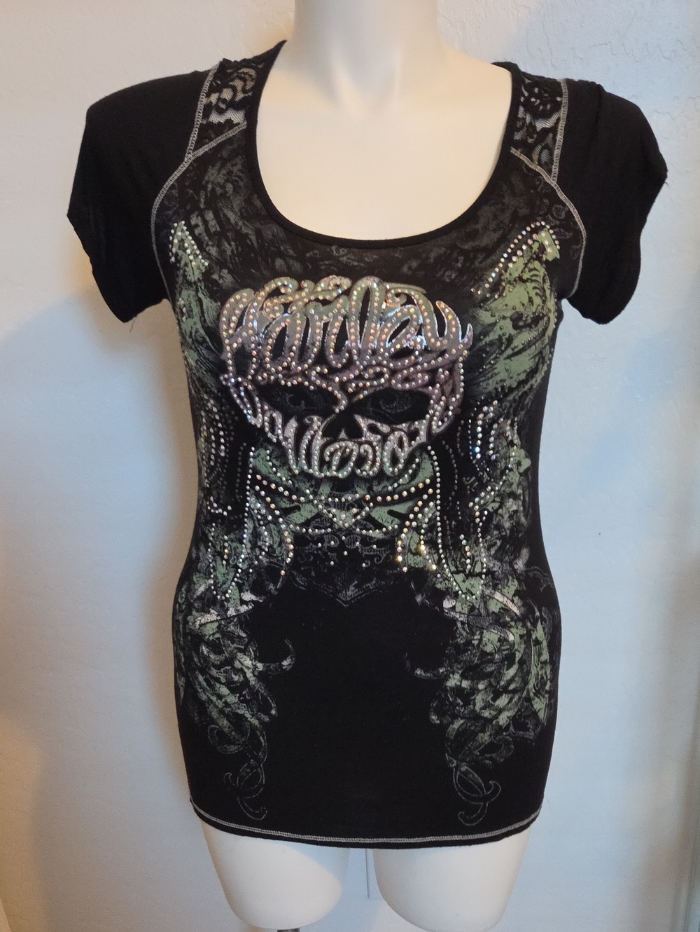 Harley-Davidson Black Short Sleeve Rhinestone Graphic Tee with Green Accents